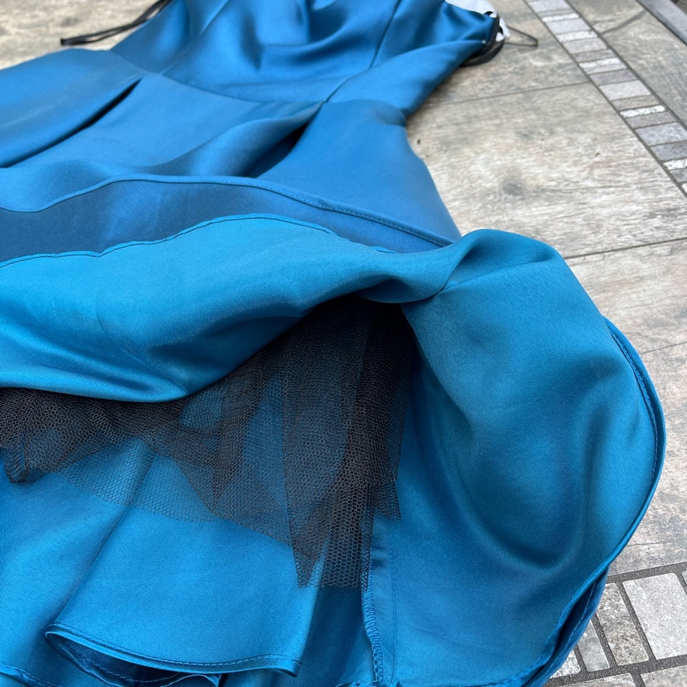 Alyce Paris Strapless Dress Size 6 Peacock Blue Style 3700 Satin Fit & Flare - Picture 7 of 11